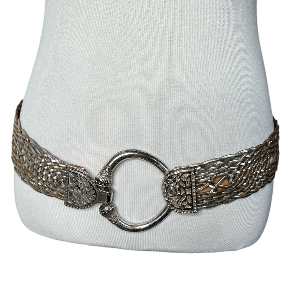 Coldwater Creek Leather Belt Silver Buckle Woven Bohemian Western Cowgirl SM